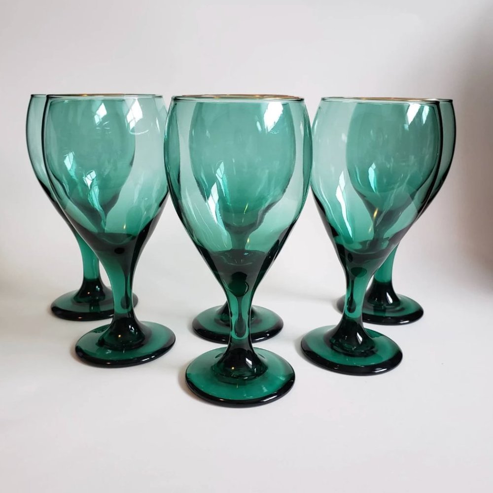 Set of 6 Vintage LIBBEY Teardrop Juniper Teal Green Glasses with Gold Trim